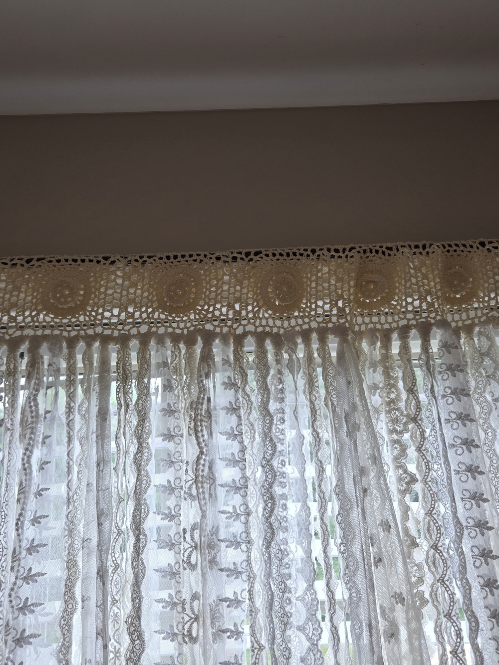 Boho Farmhouse Cottagecore Ivory Crochet and Lace Window Panel Sz 40W x 45L - Picture 2 of 10